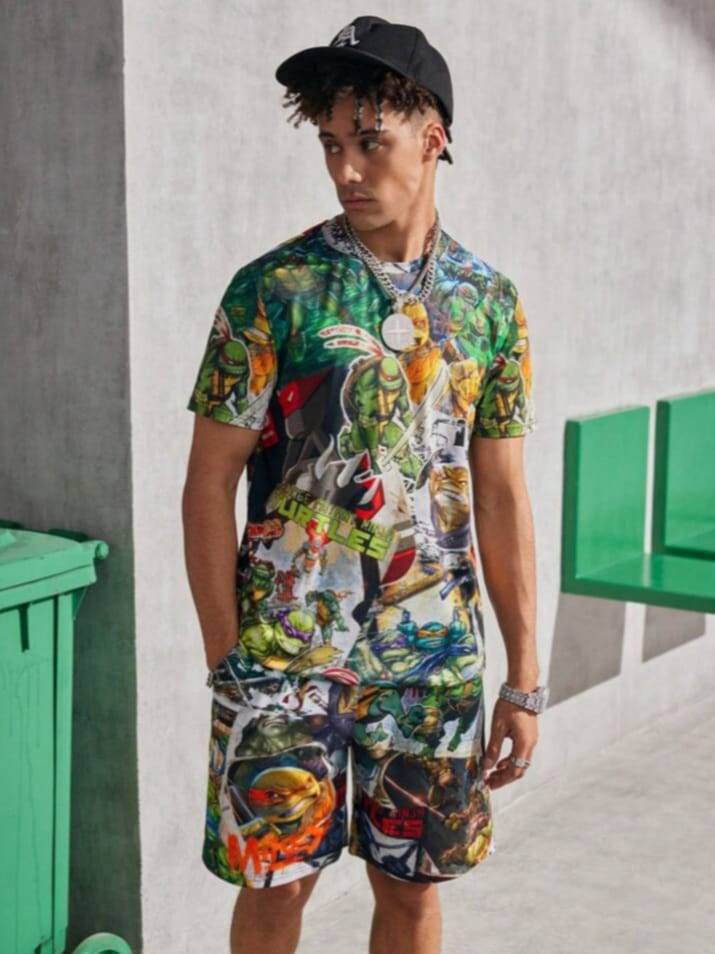 Bonga Boys Men's Casual Cartoon Graphic Short Sleeve T-Shirt & Short Sleepwear Set